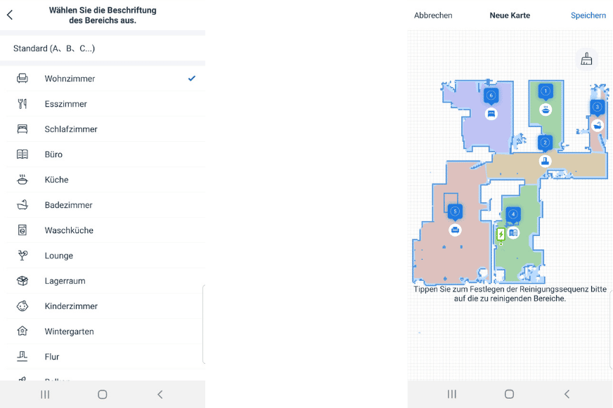 Benennung der einzelnen Wohnräume in der Ecovacs Home App